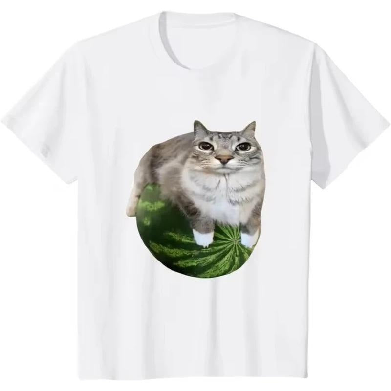 Watermelon Cat Silly Cat Meme Tee Shirt Homme New in Top  Clothing short sleeve Round Neck Printing Pullover T-Shirt...