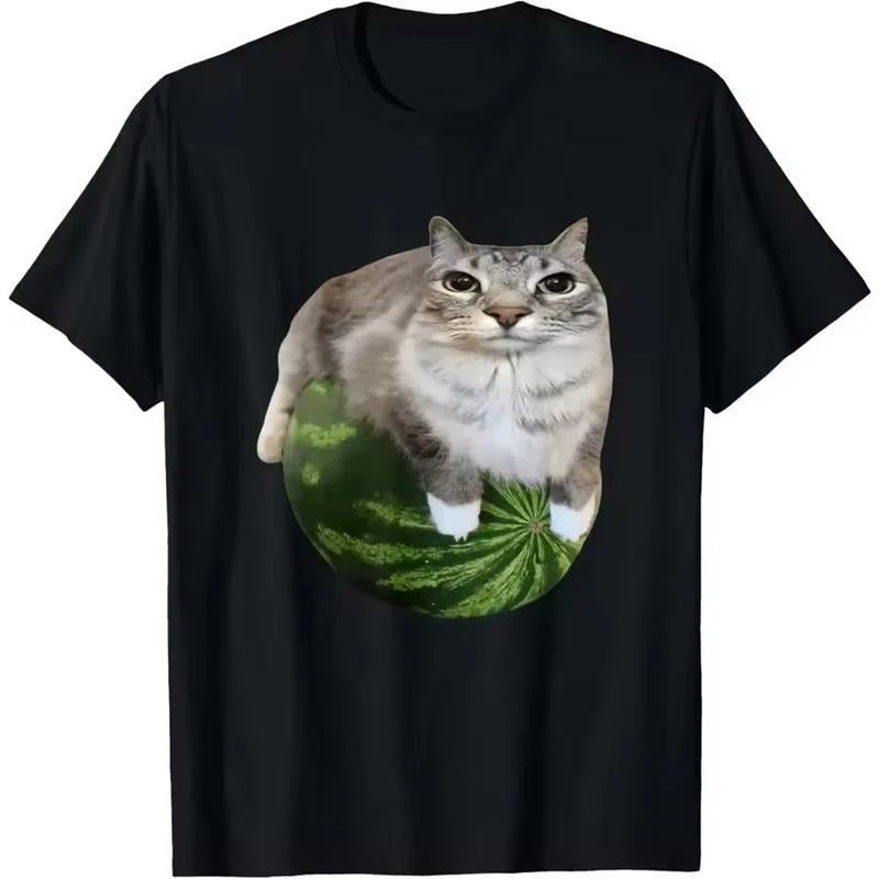 Watermelon Cat Silly Cat Meme Tee Shirt Homme New in Top Men Clothing short sleeve Round Neck Printing Pullover T-Shirt...