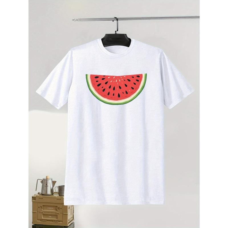 Watermelon Slice Illustration Print Men's Creative Top, Casual Short Sleeve Crew Neck T-shirt, Men's Clothing For Summer...