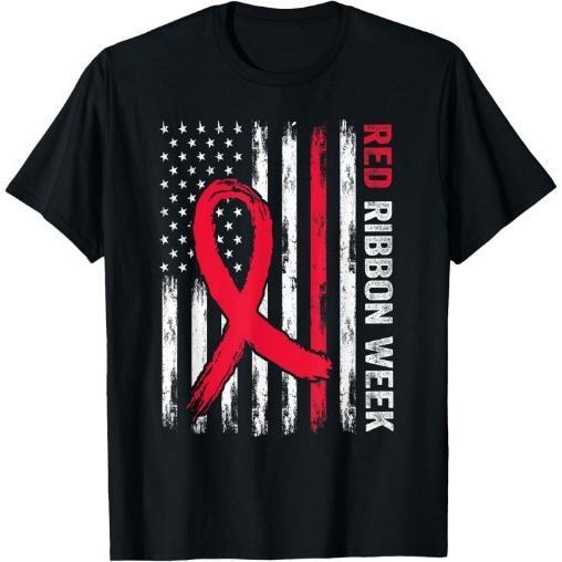 We Wear Red For Red Ribbon Week Awareness American Flag T-Shirt Made in USA Hoodie, Sweatshirt | UrbanDripWear.com