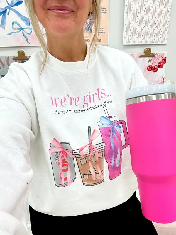 'We're Girls Bow Drinks' Crewneck Sweatshirt, Cozy Girly Diet Coke Sweater T-Shirts, Hoodie | UrbanDripWear.com