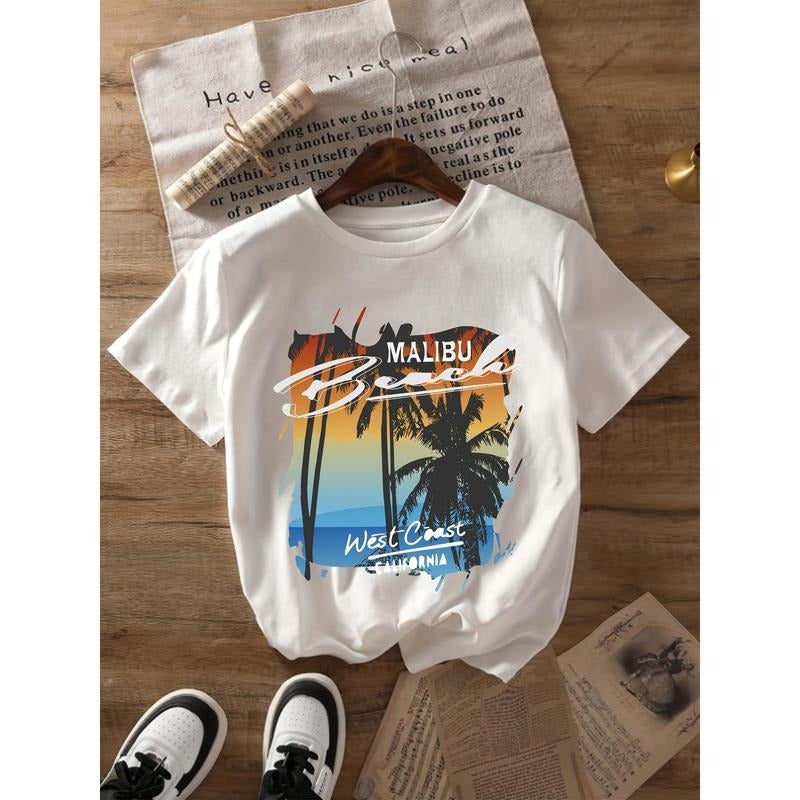 West Coast Landscape Printed T-shirt, Women'S Short Sleeve Top, 100%, Round Neck, Comfortable And Soft, Suitable For...