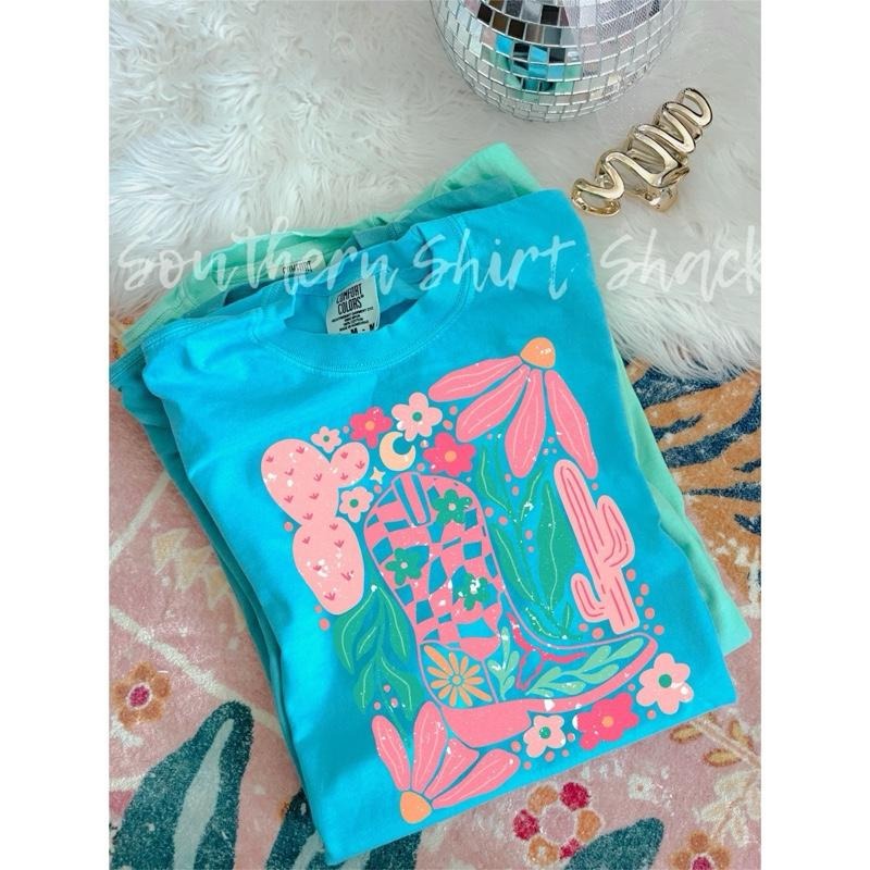 Western Cactus Cowgirl Boot T shirt  | Lagoon Blue comfort colors t shirt Hoodie, Sweatshirt | UrbanDripWear.com