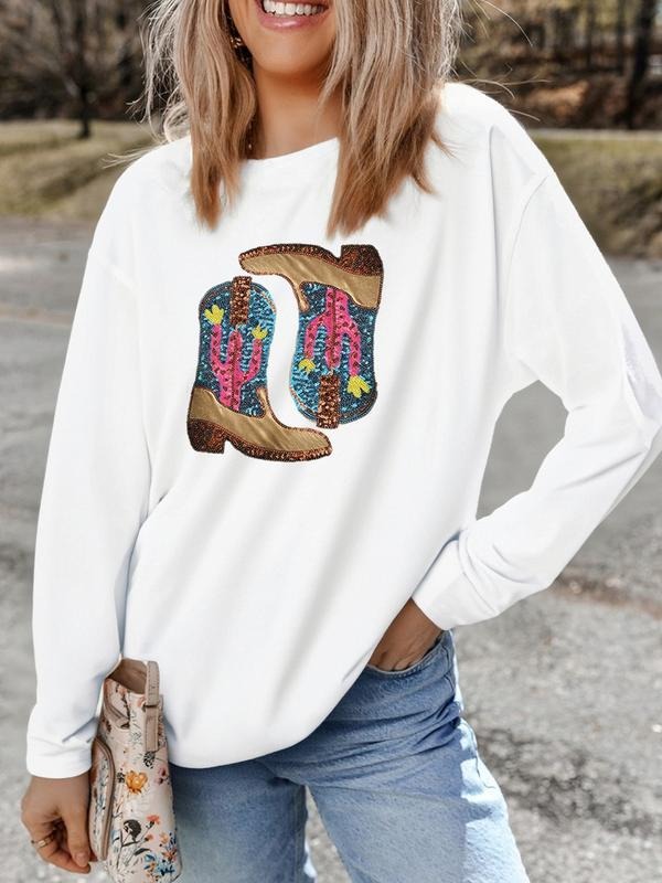 Western Cowboy Boot Print Bandit Top, Loose Long Sleeve Round Neck T-Shirt, Casual Fall & Winter Daily Wear, Leopard...