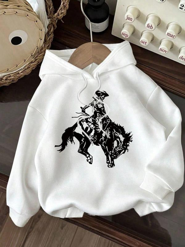 Western Cowboy Print Hooded Sweatshirt, Fleece Lined Loose Fit Casual Pullover, Fall & Winter Essential Fashion, Men's...