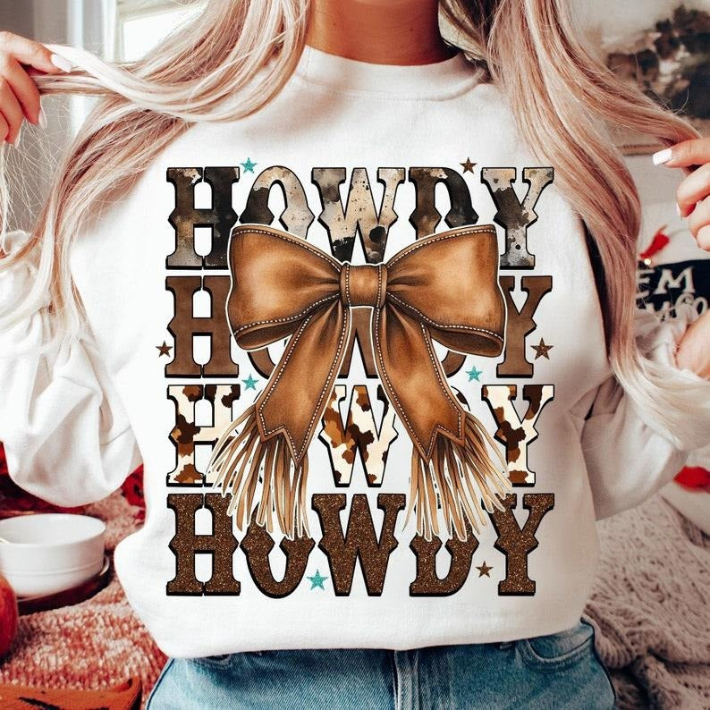 Western Cowgirl Howdy, Brown Leather Bow, Western Mama, Western Shirt Hoodie, Sweatshirt | UrbanDripWear.com