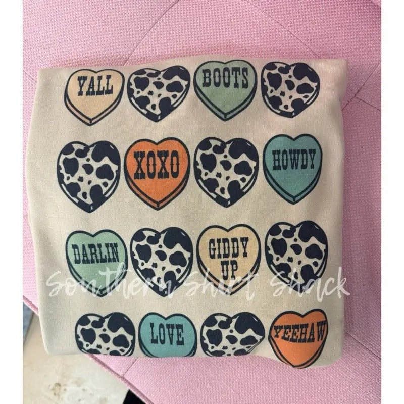 Western Cowprint Conversation Hearts Sweatshirt ~ Sand T-Shirts, Hoodie | UrbanDripWear.com
