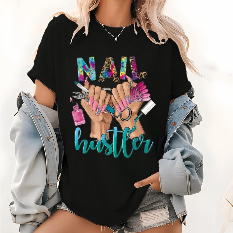 Western Tie Dye Nail Hustler Print T Shirt, Leopard Nail Hustler Pattern Tops, Nail Hustler Technician Graphic Tee...