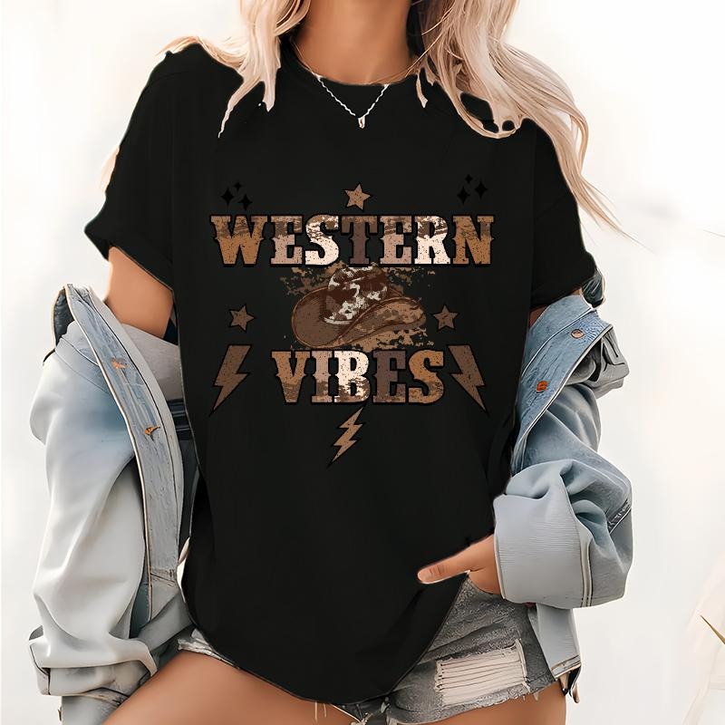 Western Vibes Print Tops, Country Pattern T Shirt, Retro Cowgirl Short Sleeve Tee style 02 Hoodie, Sweatshirt