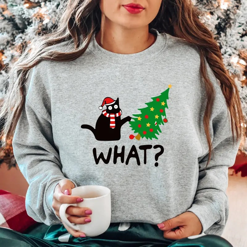 What Cat Christmas Sweatshirt, Funny Black Cat Hoodie, Cat Lover Gift Sweater, Unisex Christmas Gift Sweatshirt,...