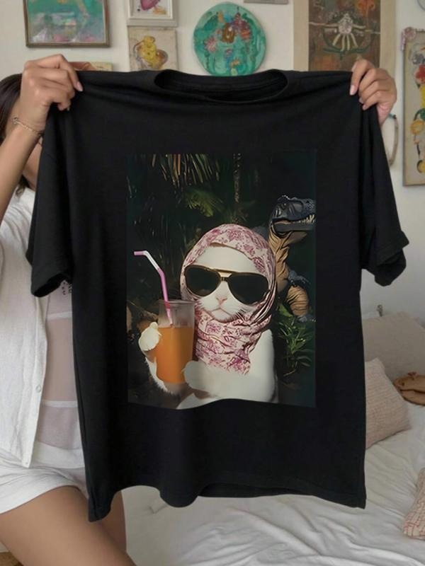 Whimsical Casual Oversized T-Shirt - Funny Cool Cat & Dinosaur Graphic Tee Hoodie, Sweatshirt | UrbanDripWear.com