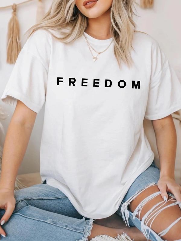 White Oversized Women's Tee - Minimalist "freedom" Graphic Casual Short Sleeve T-shirt, Womenswear Hoodie, Sweatshirt