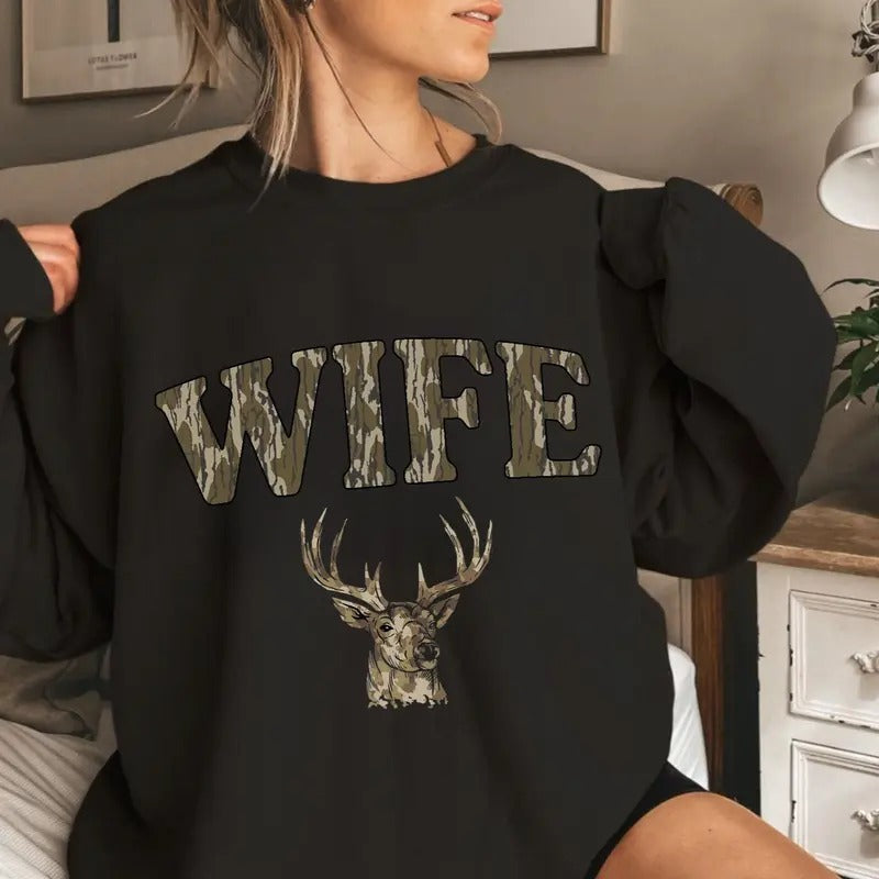 Wife Deer Hunt Camo Bottomland Pattern Crewneck Sweatshirt, Mama Hunting Season Tee Hoodie | UrbanDripWear.com