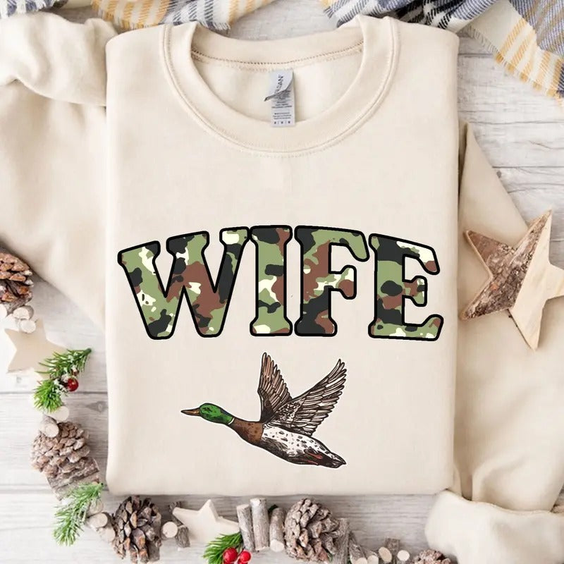 Wife Duck Hunt Camo Bottomland Pattern Crewneck Sweatshirt, Mama Hunting Season Tee Hoodie | UrbanDripWear.com