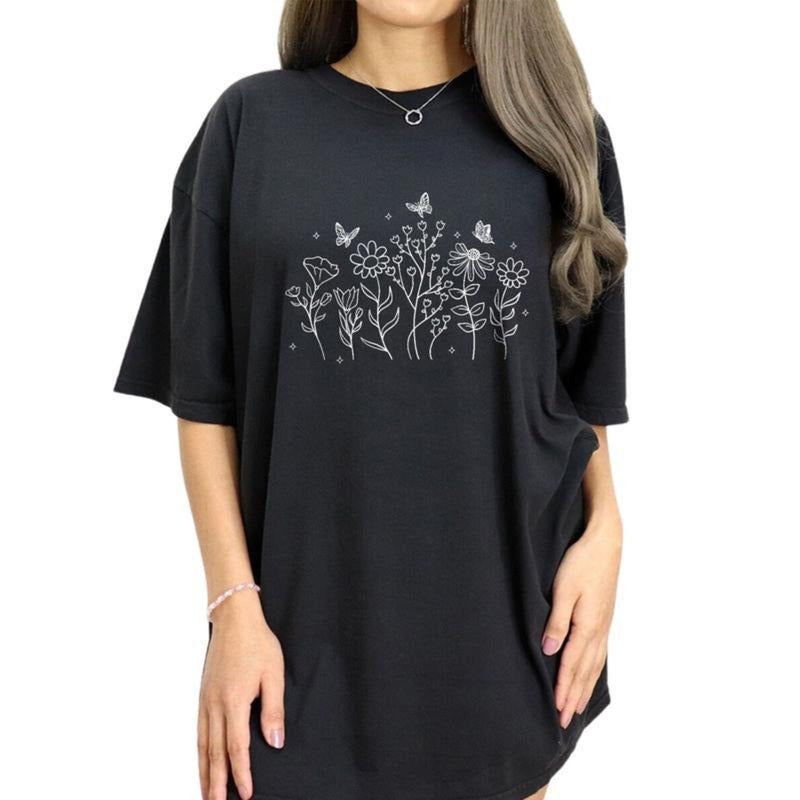 Wildflower Shirt, Botanical Tee, Floral Graphic Tee Women, Nature Lover T-shirt, Minimalist Cotton Fabric Outfit, Flower...