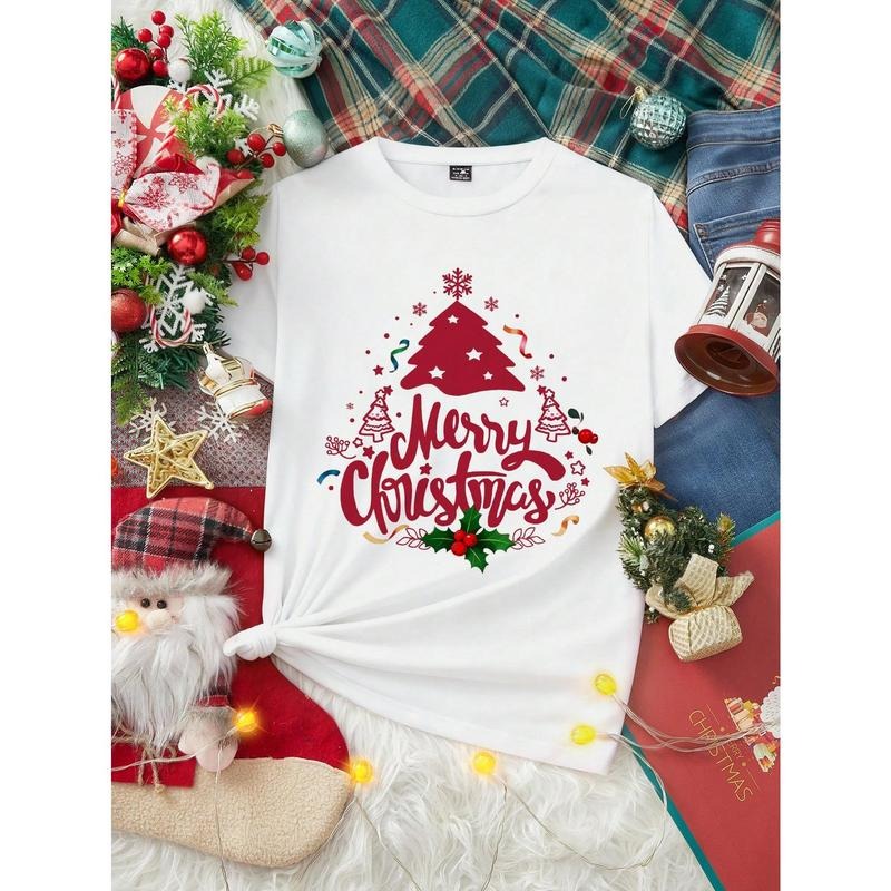 Casual Loose Round Neck Big Red Christmas Hand-Painted English Letter Christmas Tree Placement Print Pattern Short Sleeve...