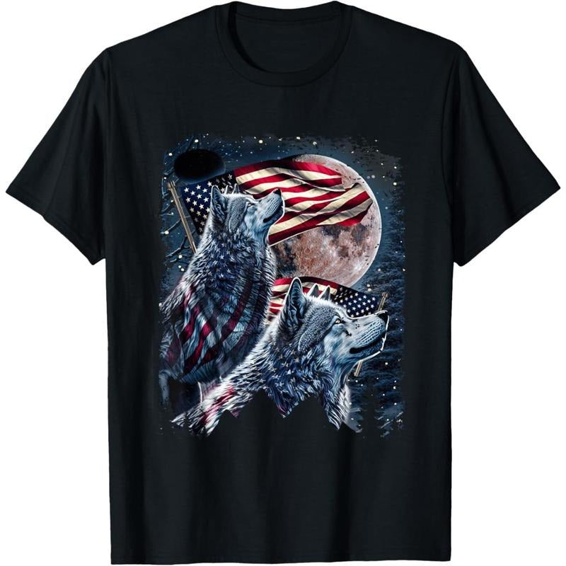 Wolf 4th of July American Flag Howling Wolves Under Moon T-Shirt made in usa Hoodie, Sweatshirt | UrbanDripWear.com