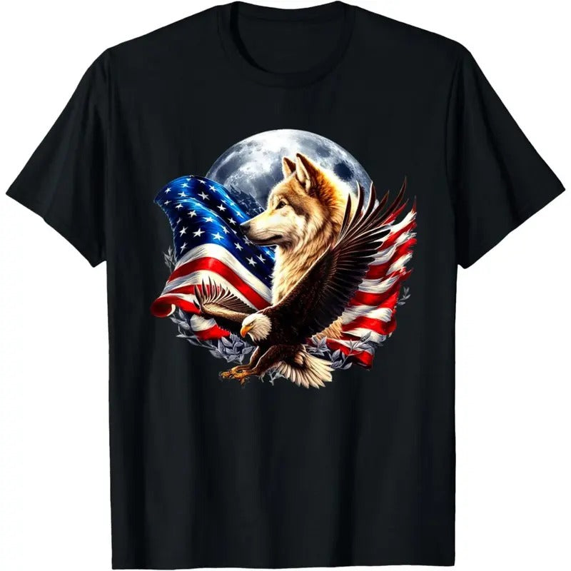 Wolf Bald Eagle American Flag Full Moon New Years Wolf Lover T-Shirt made in usa Hoodie, Sweatshirt | UrbanDripWear.com