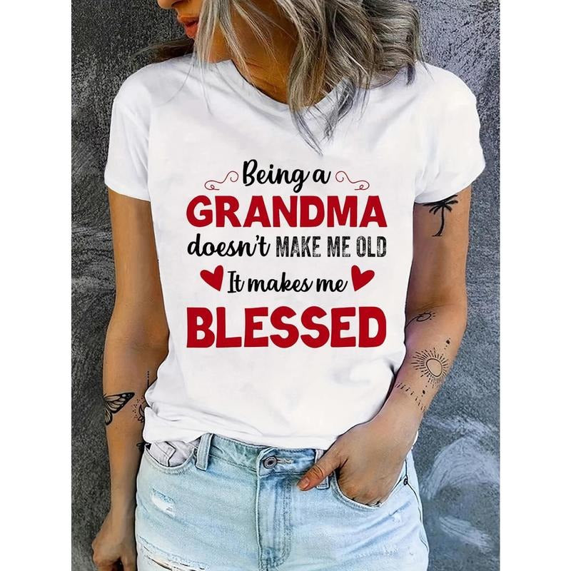 Woman's 100% cotton 180g-Grandma Letter &amp; Heart Print T-shirt, Short Sleeve Crew Neck Casual Top For Summer &amp;...
