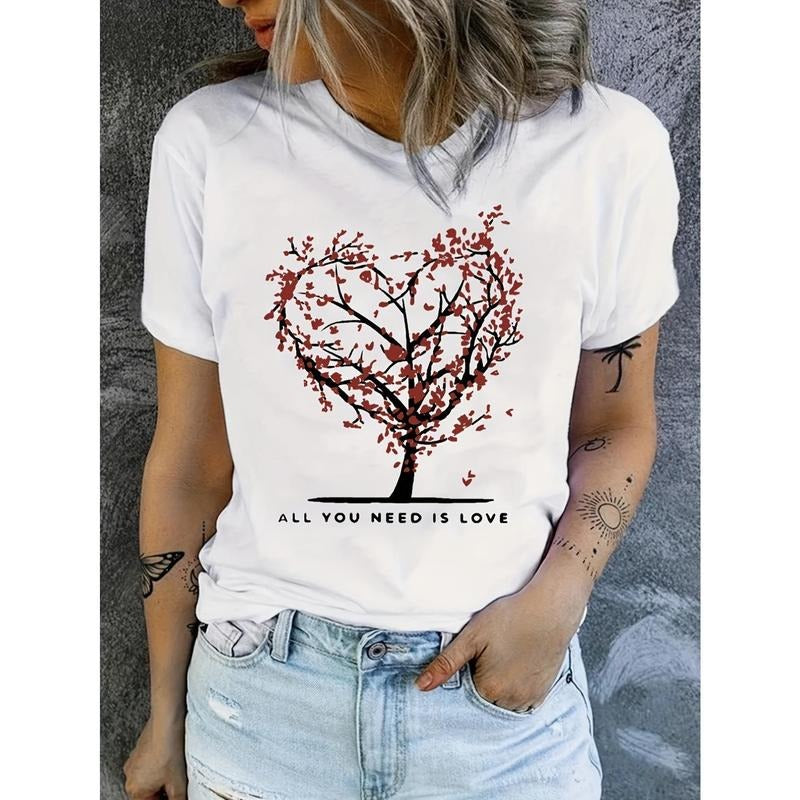 Woman's 100% cotton 180g-Vibrant Heart Graphic T-Shirt - Comfortable Short Sleeve Crew Neck Tee With Adorable Cartoon Design