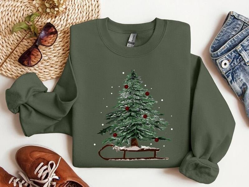 Woman's Holiday Sweatshirt, Women's Xmas Tee, Christmas Sleigh Crewneck, Christmas Tree Tee, Xmas Tree, Women's Christmas...