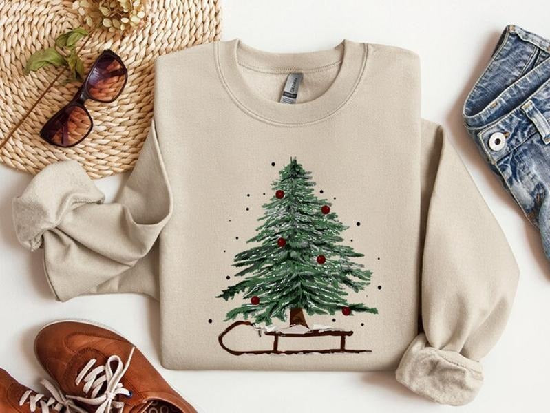 Woman's Holiday Sweatshirt, Women's Xmas Tee, Christmas Sleigh Crewneck, Christmas Tree Tee, Xmas Tree, Women's Christmas...