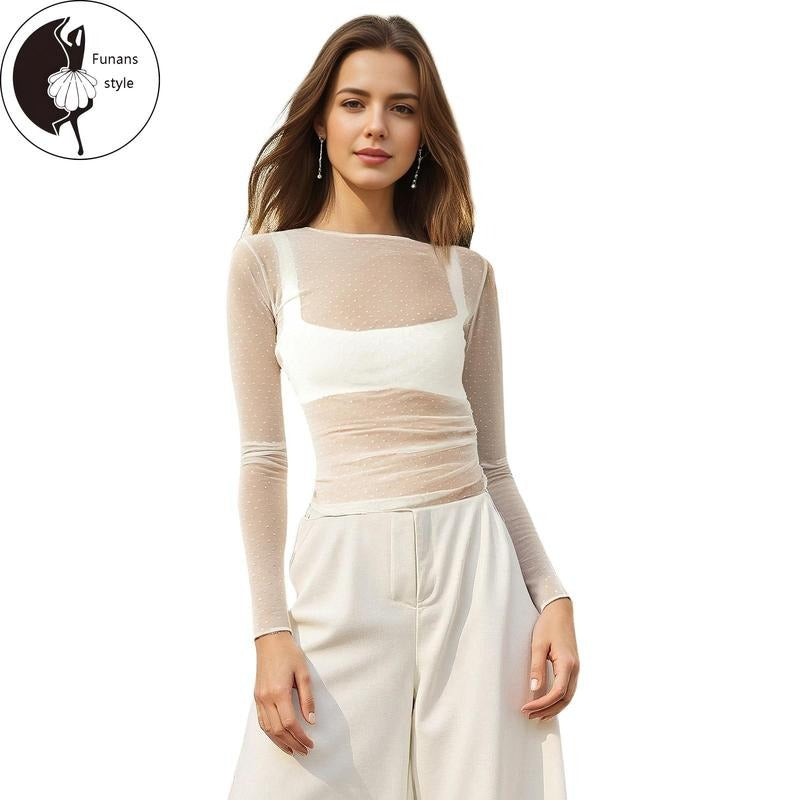 Women Basic Mesh Tops Casual Swiss Dot Sheer Long Sleeve Shirt Hoodie, Sweatshirt | UrbanDripWear.com
