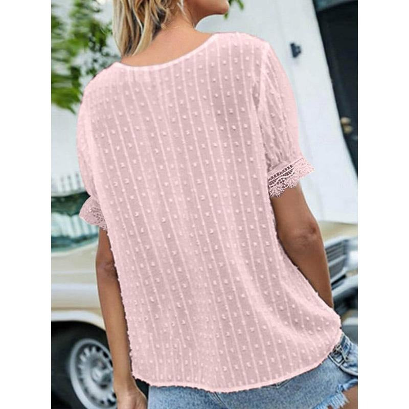 Women Casual V Neck Tops Lace Short Sleeve Solid Color Loose Fit  Basic Tee Shirts Summer Lightweight Going Out Blouse...