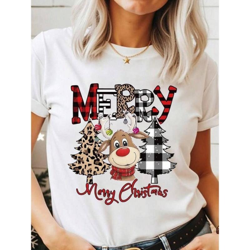 Women Christmas Casual Fashionable Cartoon Cute Deer Leopard Print Christmas Tree Creative Slogan Design Printed Basic...