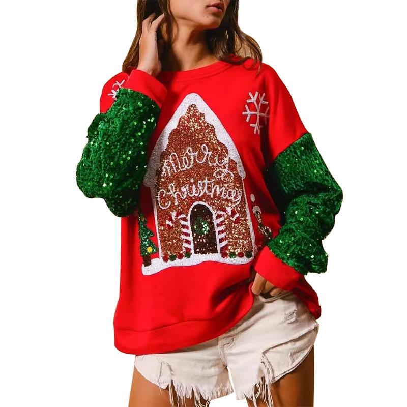 Women Christmas Sweatshirt, Long Sleeve Crew Neck Elk Print Hoodie Pullover for Casual Daily T-Shirts | UrbanDripWear.com