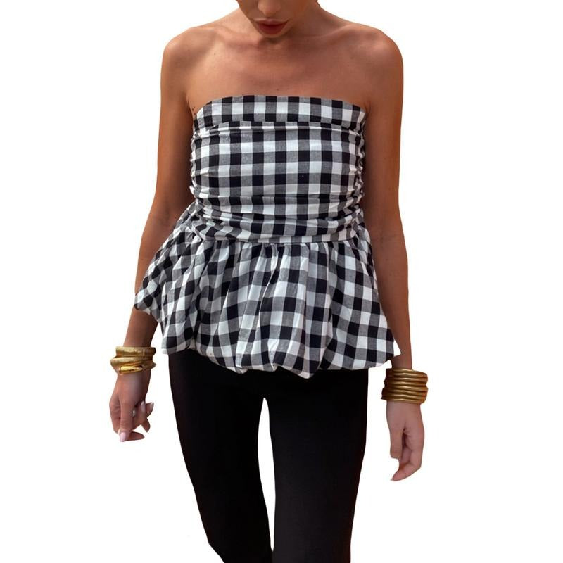 Women Cute Peplum Tube Tops Summer Y2k Bubble Ruffle Hem Backless Sleeveless Plaid Print Bandeau Vest Shirts Sexy Off...