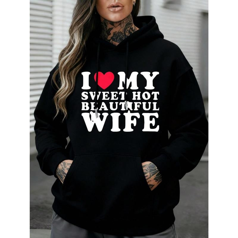 Women Hoodie Long Sleeve Pullover Sweatshirt Black I Love My Sweet Hot Beautiful Wife Print Graphic Hooded Sweatshirt...