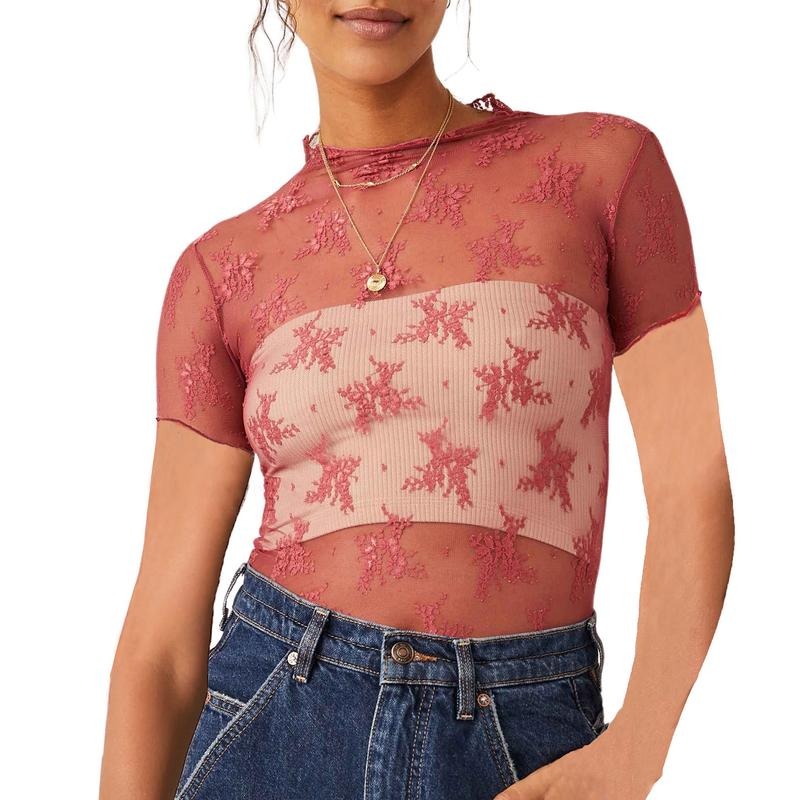 Women Lace Top, Crew Neck Short Sleeve See-through Summer Sheer T-shirt Clubwear Hoodie, Sweatshirt | UrbanDripWear.com