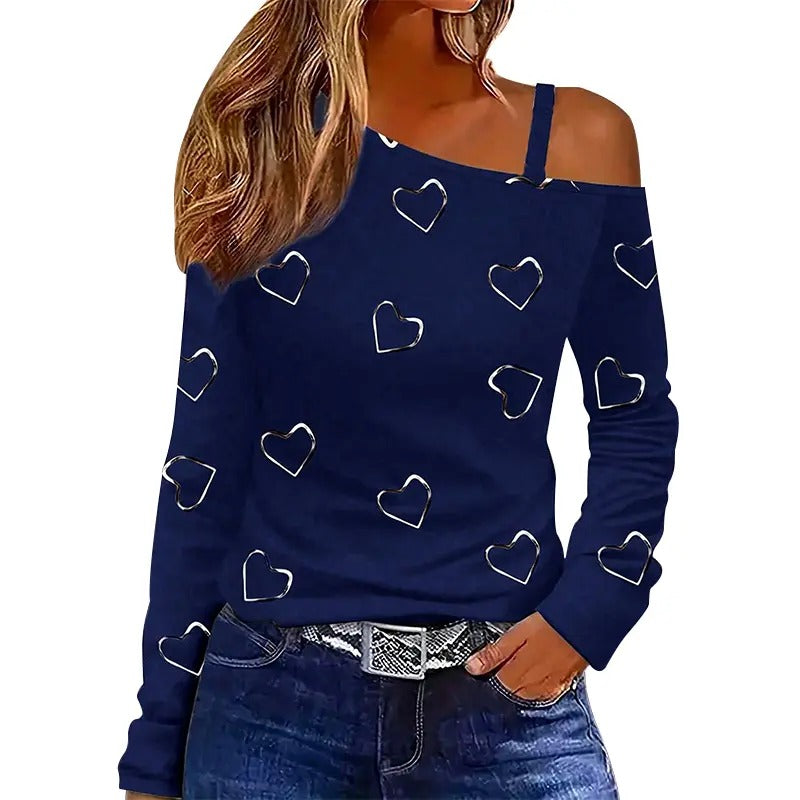 Women Long Sleeve T-Shirts Heart Print Oblique Shoulder Shirts Spring FallFit Casual Tops Hoodie, Sweatshirt