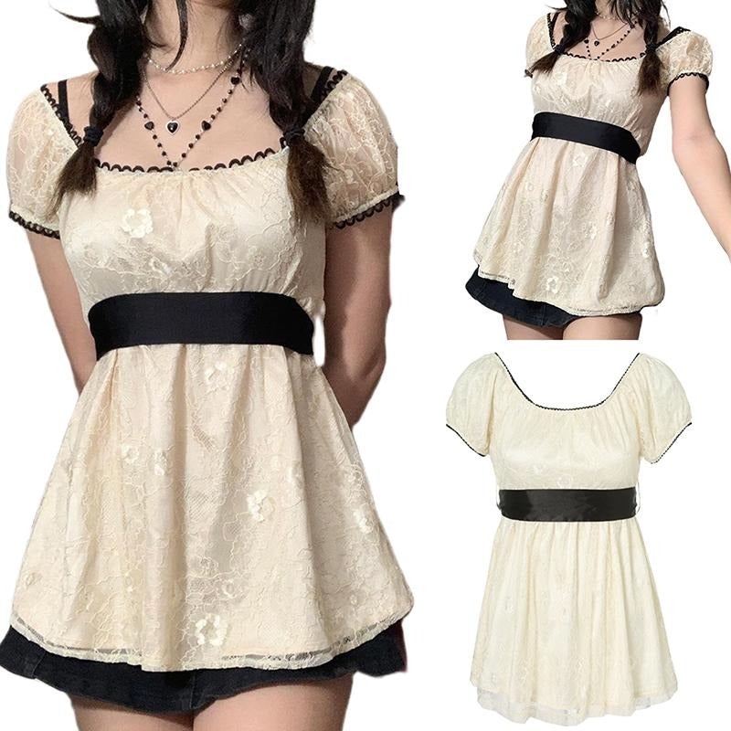 Women Long Tops, Patchwork Short Sleeve A-line Shirt Vintage Girl Lace Holiday Streetwear Light Womenswear Hoodie, Sweatshirt