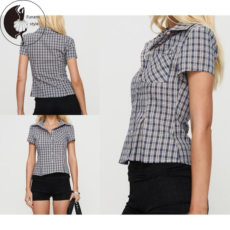 Women Plaid Shirt, Short Sleeve Button Closure Summer Tops Streetwear for Casual Daily Hoodie, Sweatshirt | UrbanDripWear.com
