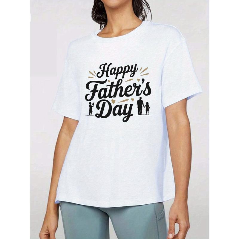 Women'S  "Happy Father'S Day" Graphic Tee - Casual Short Sleeve T-Shirt with Family Silhouette Design, White, Machine...