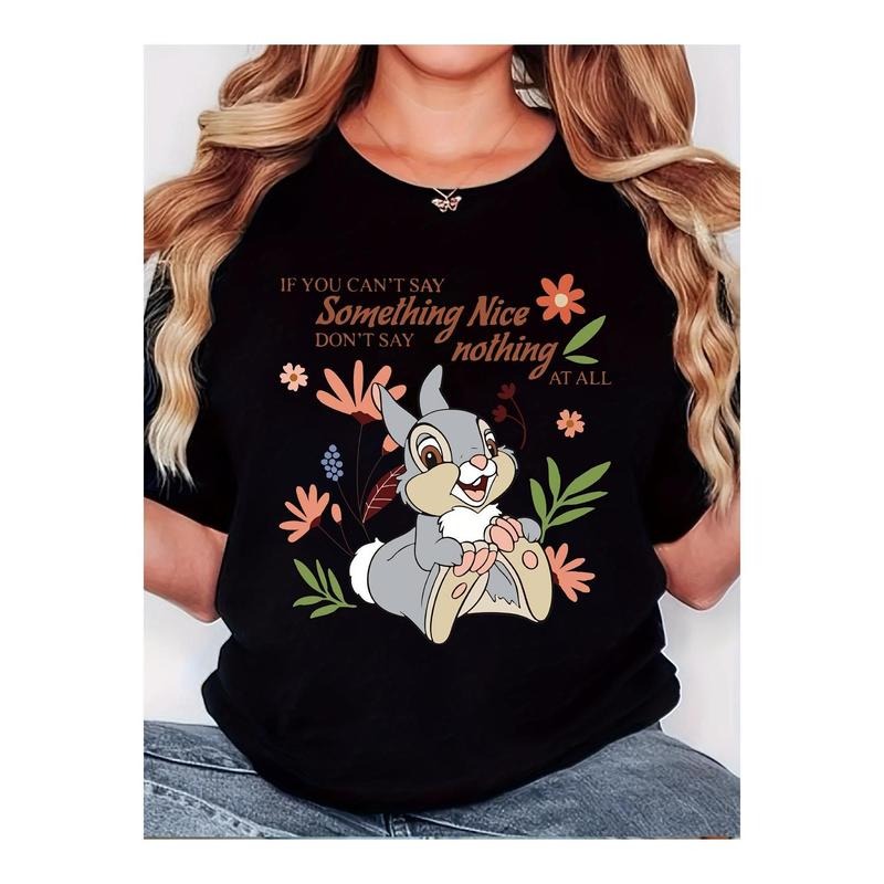 Women'S 'Bunny In The Flower Flock Something-Nice Alphabet Easter' Pattern Women'S T-shirt, Vintage Simple Fashion, Round...
