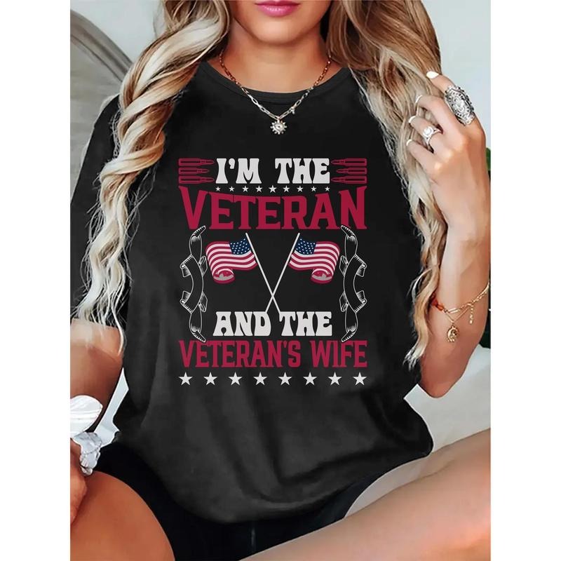 Women'S "I'm the Veteran and the Veterans Wife" Graphic Tee - Casual Crewneck, Black T-Shirt with American Flag Design,...