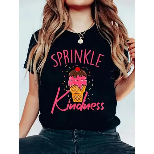 Women'S "Sprinkle Kindness" Ice Cream Graphic T-Shirt - Casual Black Short Sleeve Round Neck Top, Soft & Comfortable,...