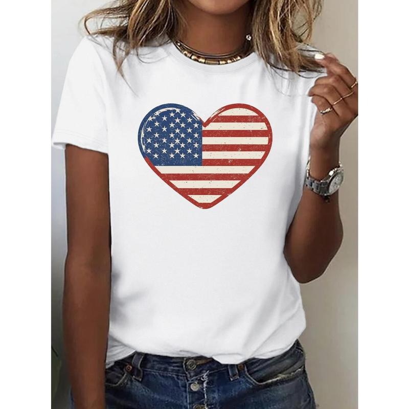 Women'S 100% Comfort Fit T-Shirt - Patriotic American Flag Heart Design, Casual Round Neck Tee, Machine Washable,...