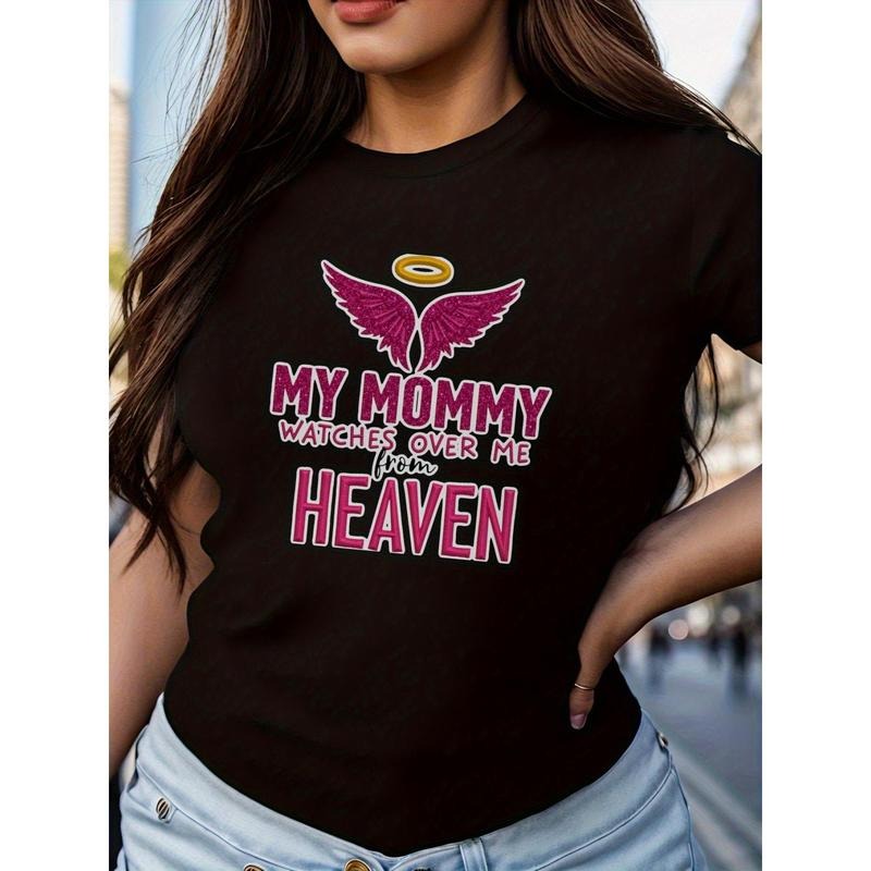 Women'S 180g Round Neck T-Shirt - Comfortable & Breathable Casual Tee with Angel Wing Print & "My Mommy Watches Over Me