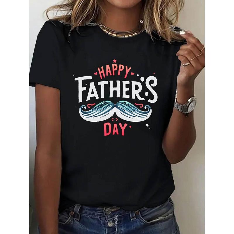 Women'S Black Short Sleeve T-Shirt with "Happy Father'S Day" Mustache Print
