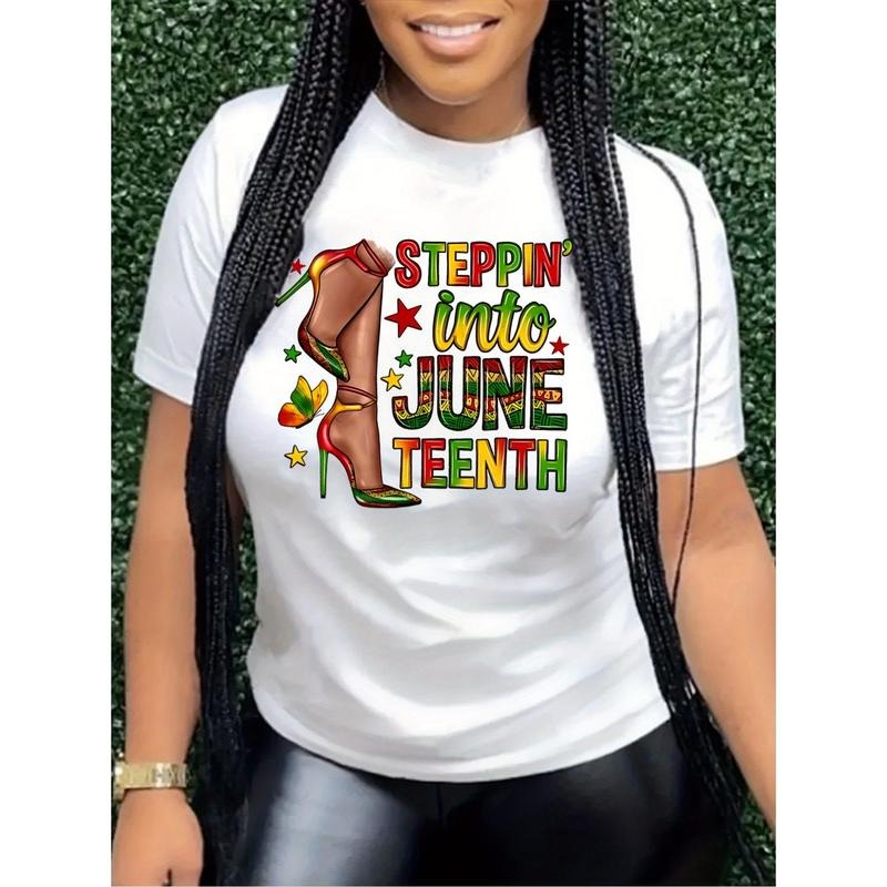 Women'S Casual 'Stepin' Into Juneteenth' Pattern T-Shirt- Short Sleeve, Round Neck, White with Colorful Letters and Boots...