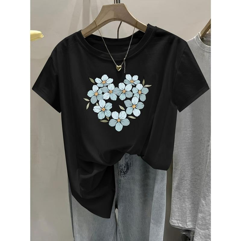Women'S Casual Black T-Shirt with Floral Heart Print - Soft, Round Neck, Short Sleeve, Relaxed Fit, All-Season Top,...