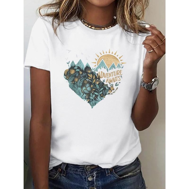 Women'S Casual Cotton T-Shirt with Adventure Awaits Heart Print, Crew Neck, Slight Stretch Knit Fabric, All-Season...