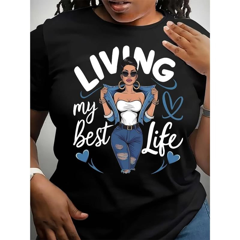 Women'S Casual Crew Neck T-Shirt with "Living My Best Life" Portrait Graphic Print, 100% Polyester Knit Fabric, All...