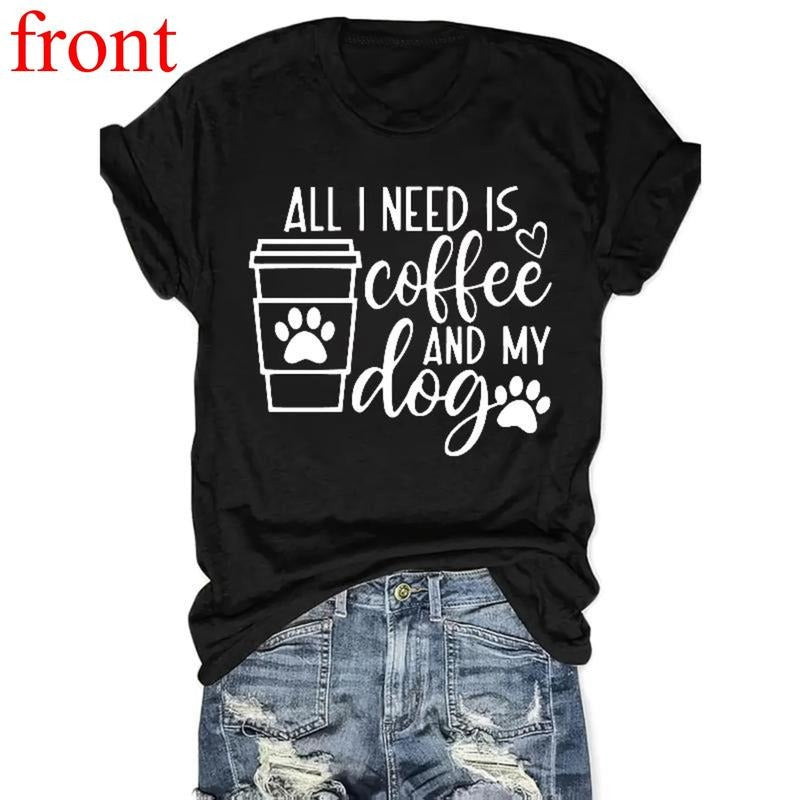 Women'S Casual Crew Neck T-Shirt, Regular Length, with Coffee & Dog Graphic, for All Seasons Top Womenswear Hoodie,...