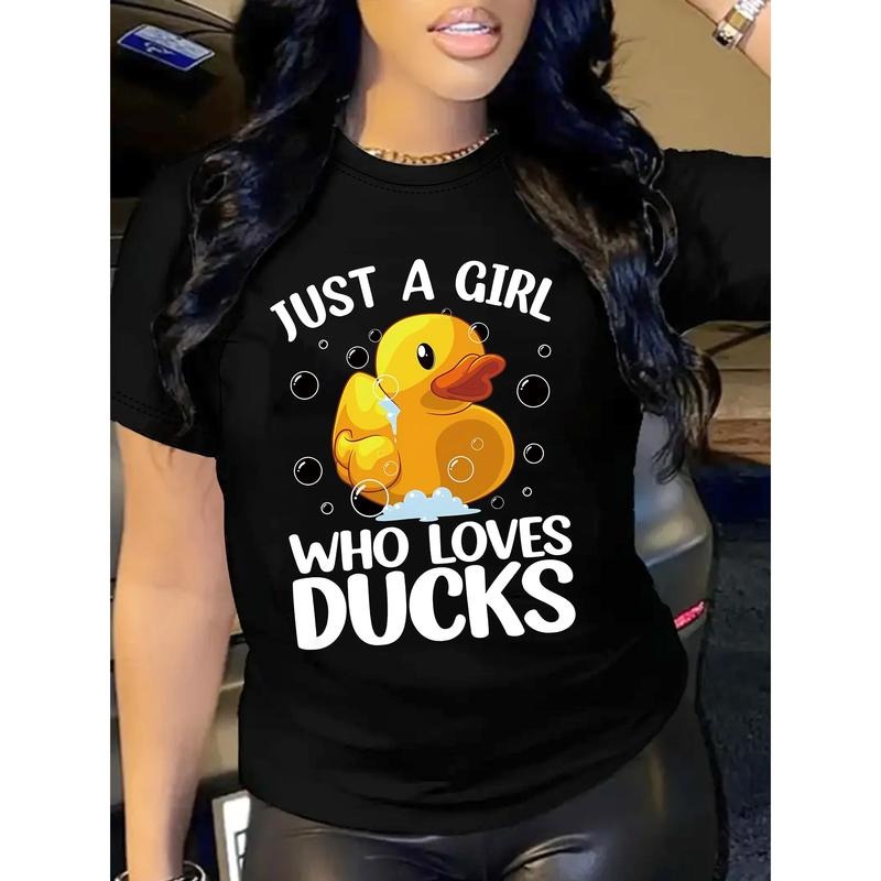 Women'S Casual Duck Print T-Shirt, 100% Polyester Knit Fabric, Crew Neck Short Sleeve Top, Regular Length, All Seasons