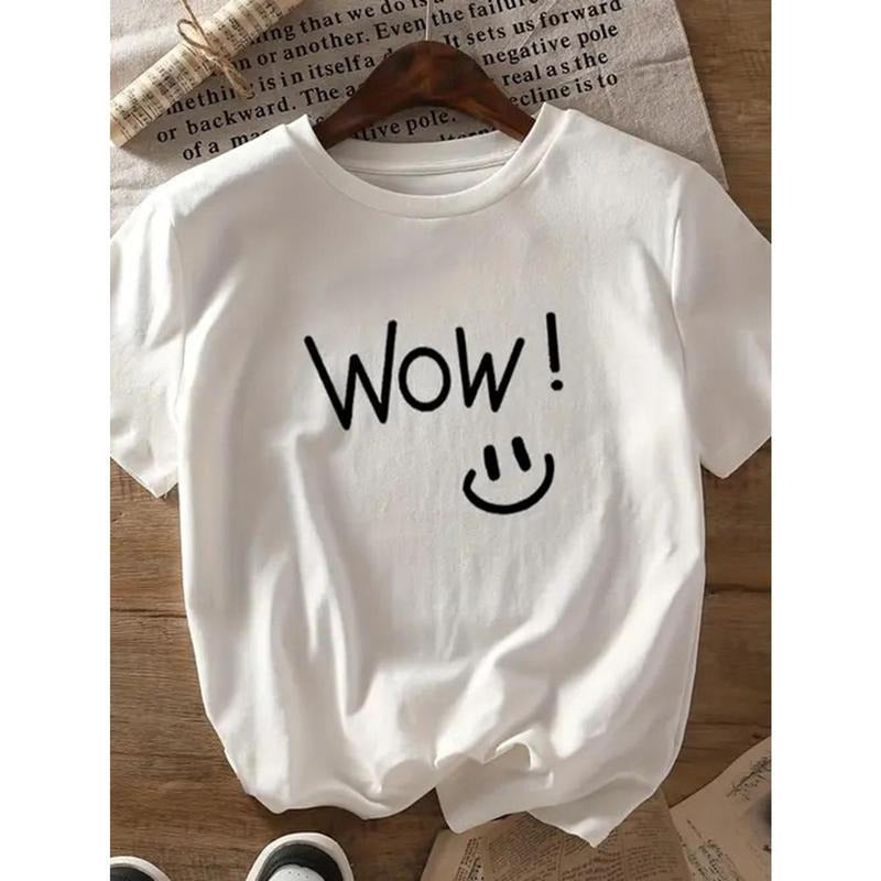Women'S Casual Graphic Tee - Comfy Round Neck, Lightweight White T-Shirt with "WOW! " joyful Face Print, Breathable...